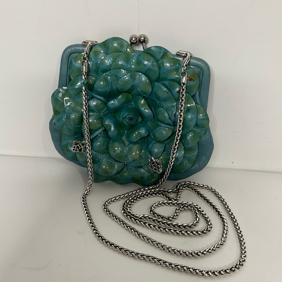 Brighton Roselie Green Layered Floral Design Long Silver Chain Kiss Lock Bag - Picture 4 of 16